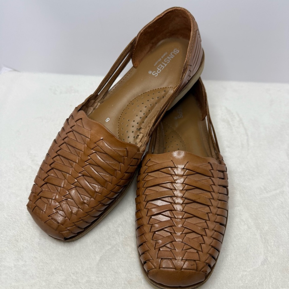 Sunsteps Shoes Brown Leather Hand Woven Sandals Slip On Mens Size 8